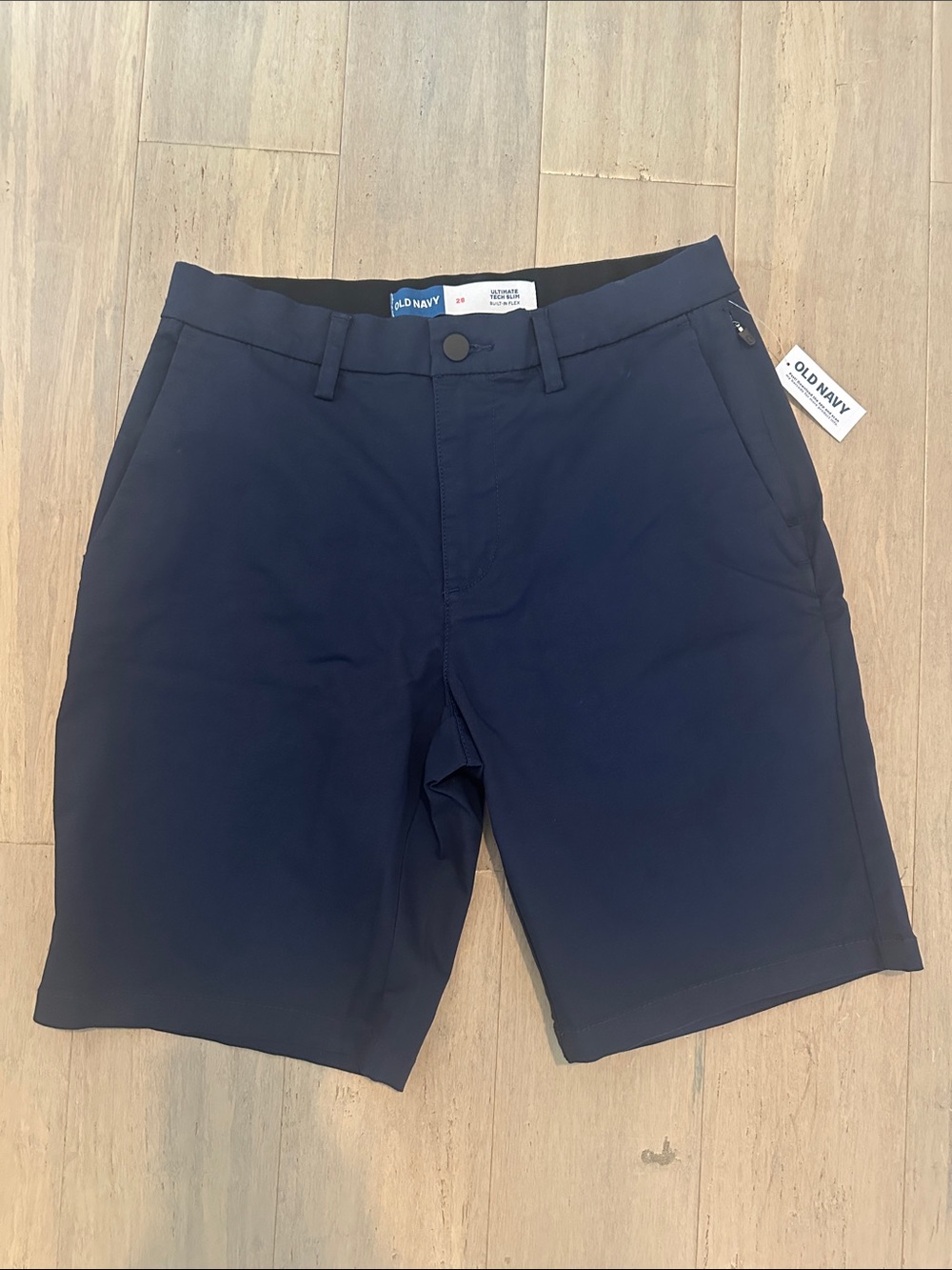 Old Navy Men's Navy Blue Flat-Front Ultimate Tech Slim Built-In Flex Shorts 9”